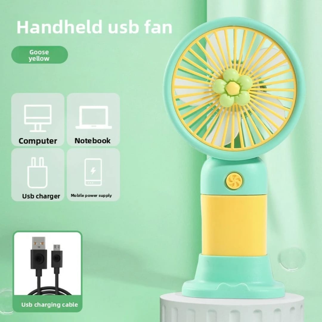 Cute Fruit & Flower Mini Handheld Fan with Base Stand – USB Rechargeable Portable Desktop Personal Cooler