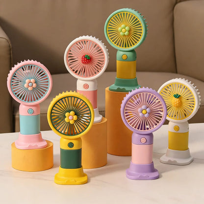 Cute Fruit & Flower Mini Handheld Fan with Base Stand – USB Rechargeable Portable Desktop Personal Cooler