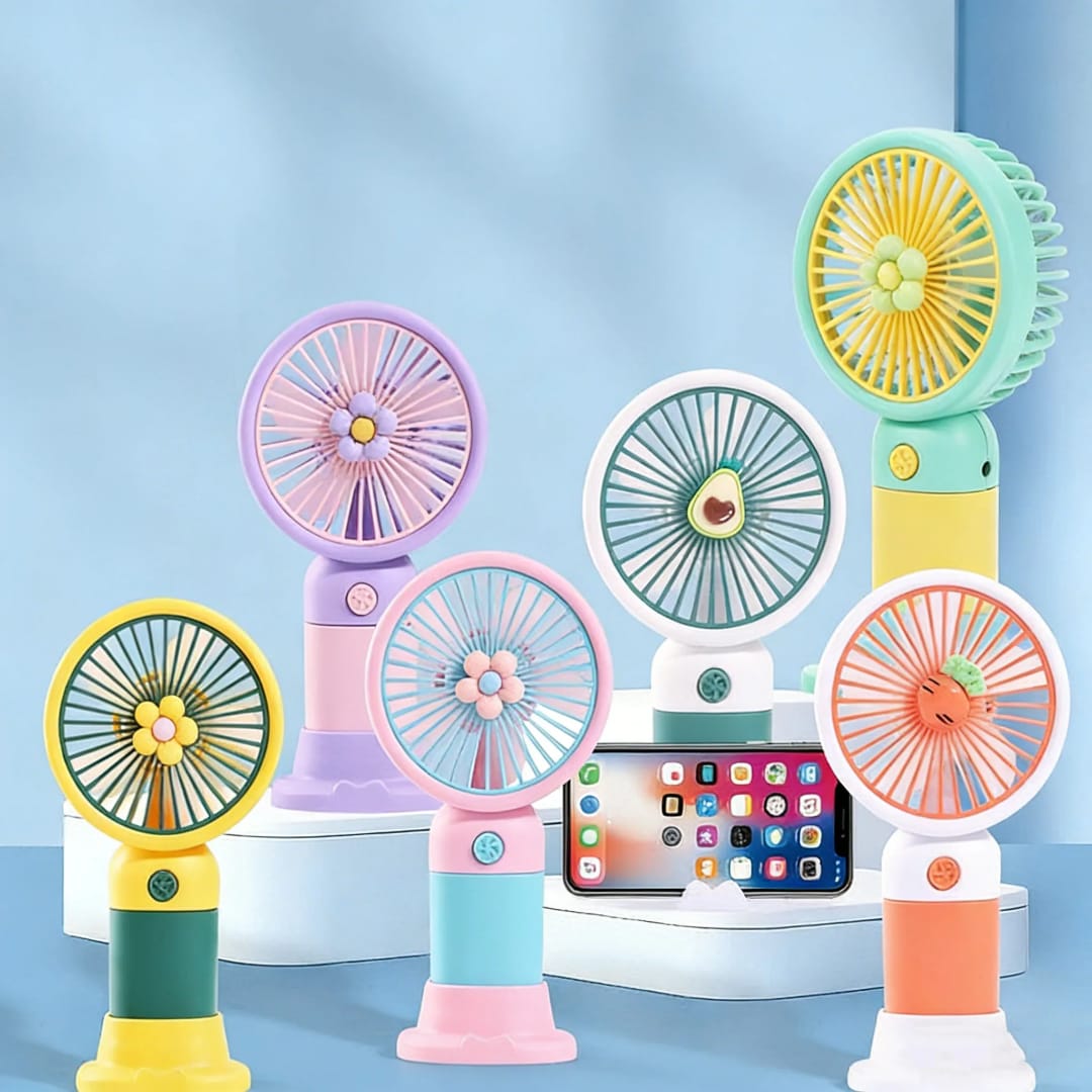 Cute Fruit & Flower Mini Handheld Fan with Base Stand – USB Rechargeable Portable Desktop Personal Cooler