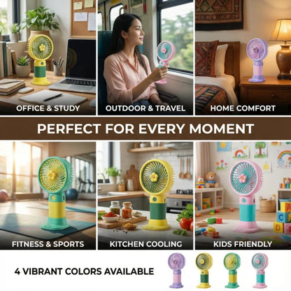 Cute Fruit & Flower Mini Handheld Fan with Base Stand – USB Rechargeable Portable Desktop Personal Cooler