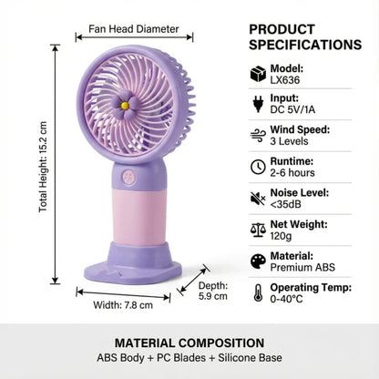 Cute Fruit & Flower Mini Handheld Fan with Base Stand – USB Rechargeable Portable Desktop Personal Cooler
