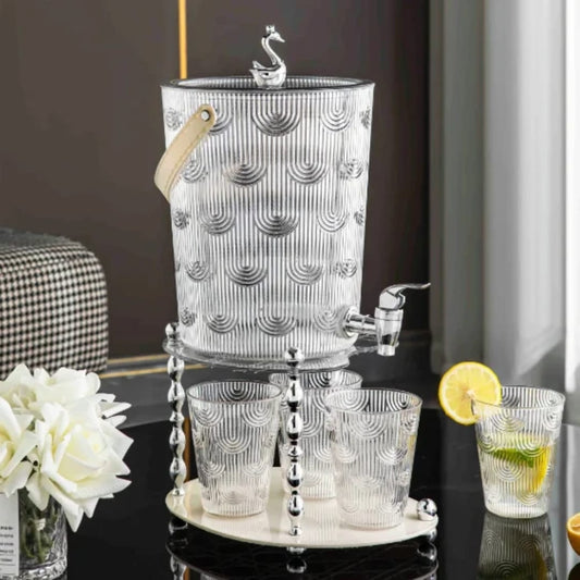Luxury Embossed Acrylic Beverage Dispenser Set with Silver Pedestal Stand, Spigot & Matching Cups – Shatterproof Juice & Drink Pitcher