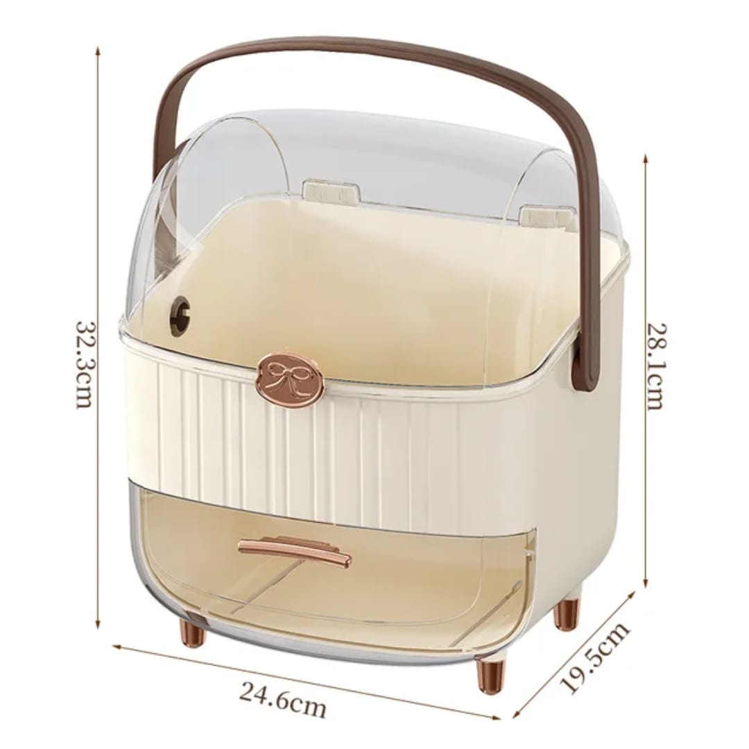 Luxury Portable Makeup Organizer Box with Clear Dustproof Dome, Storage Drawer & Handle – Desktop Skincare Storage Caddy