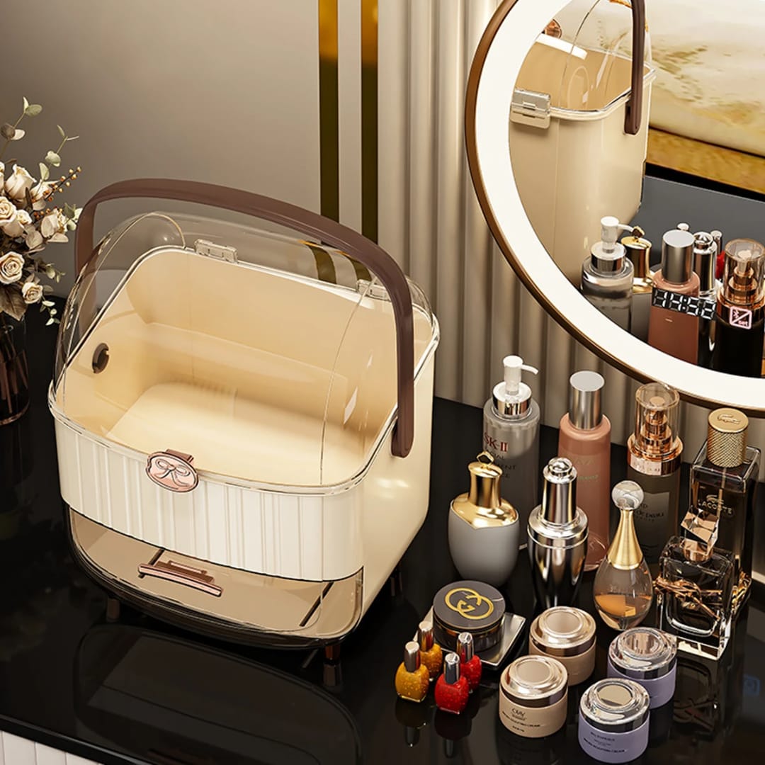 Luxury Portable Makeup Organizer Box with Clear Dustproof Dome, Storage Drawer & Handle – Desktop Skincare Storage Caddy