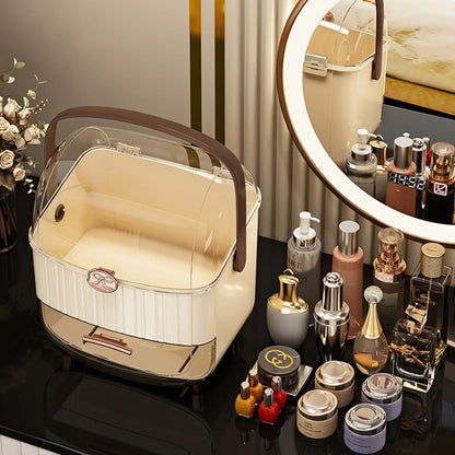 Luxury Portable Makeup Organizer Box with Clear Dustproof Dome, Storage Drawer & Handle – Desktop Skincare Storage Caddy