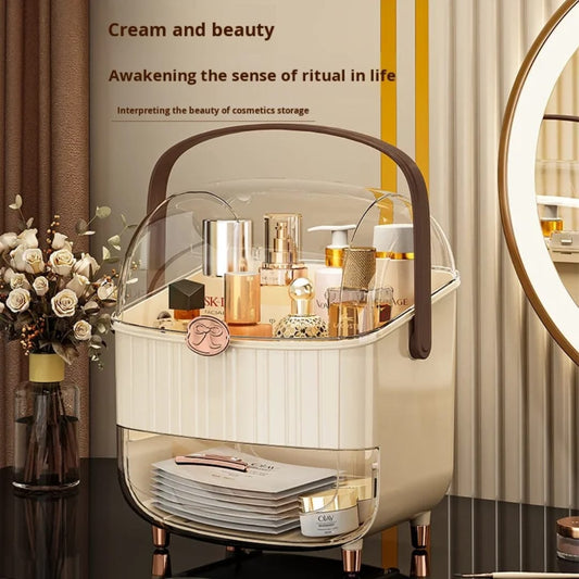 Luxury Portable Makeup Organizer Box with Clear Dustproof Dome, Storage Drawer & Handle – Desktop Skincare Storage Caddy