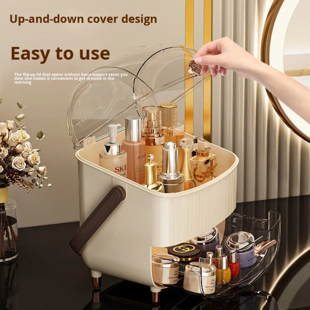 Luxury Portable Makeup Organizer Box with Clear Dustproof Dome, Storage Drawer & Handle – Desktop Skincare Storage Caddy