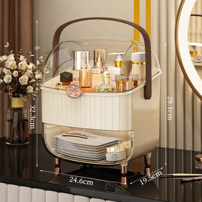 Luxury Portable Makeup Organizer Box with Clear Dustproof Dome, Storage Drawer & Handle – Desktop Skincare Storage Caddy