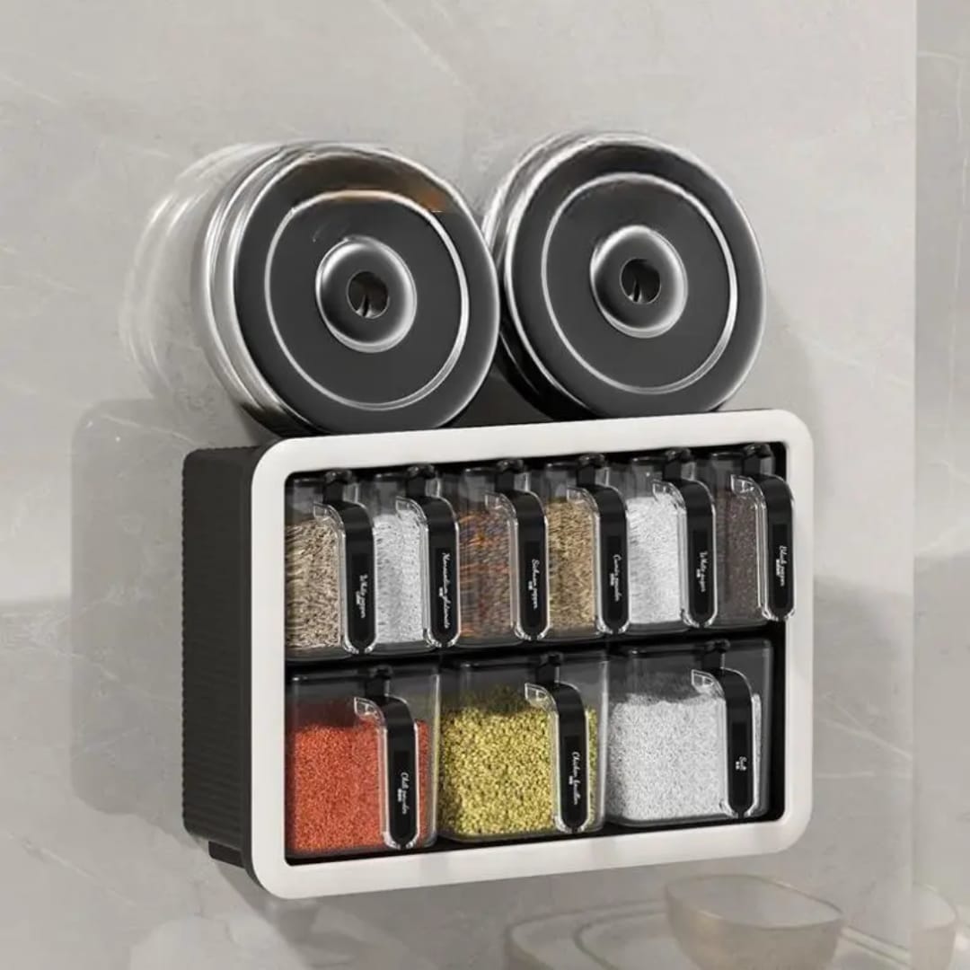 Multi-Grid Wall-Mounted & Countertop Spice Box Set – Kitchen Seasoning Storage Rack with Handles & Spoons