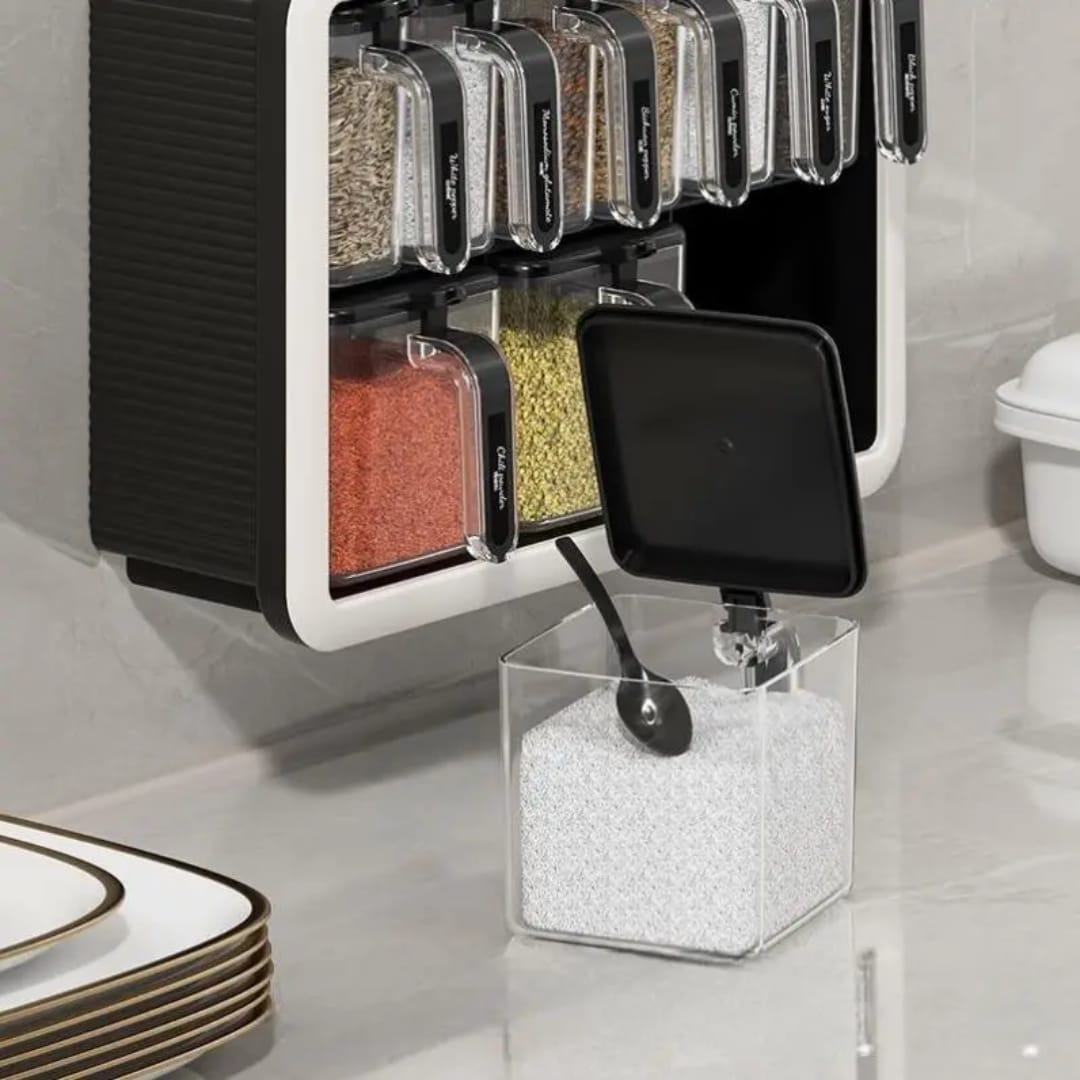 Multi-Grid Wall-Mounted & Countertop Spice Box Set – Kitchen Seasoning Storage Rack with Handles & Spoons