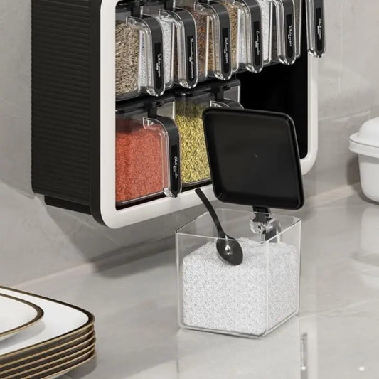 Multi-Grid Wall-Mounted & Countertop Spice Box Set – Kitchen Seasoning Storage Rack with Handles & Spoons