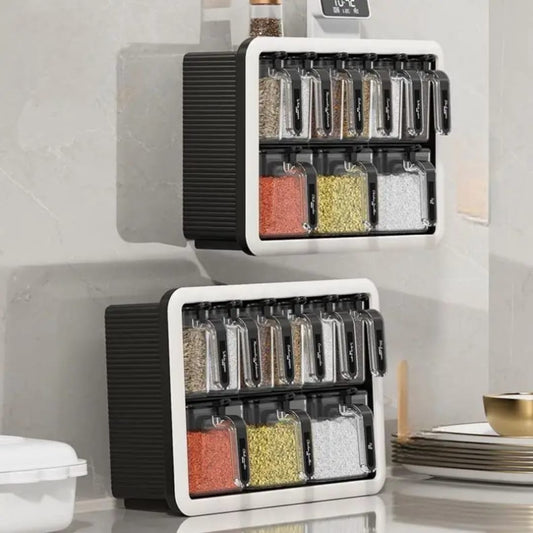 Multi-Grid Wall-Mounted & Countertop Spice Box Set – Kitchen Seasoning Storage Rack with Handles & Spoons