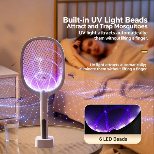 Innovative 2-in-1 Vertical Electric Mosquito Swatter & UV Killer Lamp with Charging Base – 3-Layer Safety Mesh Insect Zapper