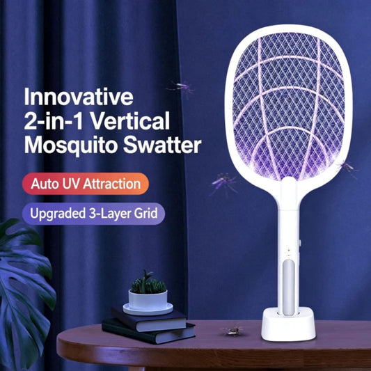 Innovative 2-in-1 Vertical Electric Mosquito Swatter & UV Killer Lamp with Charging Base – 3-Layer Safety Mesh Insect Zapper