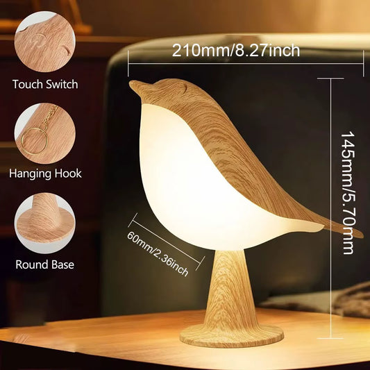 Modern Wood Grain Bird LED Night Light – Stepless Dimmable Touch Control Bedside Lamp