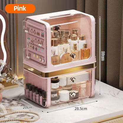 Luxury Large Cosmetic Organizer Box with Clear Dustproof Cover & Pull-Out Drawers – Makeup & Skincare Storage Case