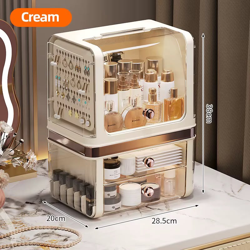 Luxury Large Cosmetic Organizer Box with Clear Dustproof Cover & Pull-Out Drawers – Makeup & Skincare Storage Case