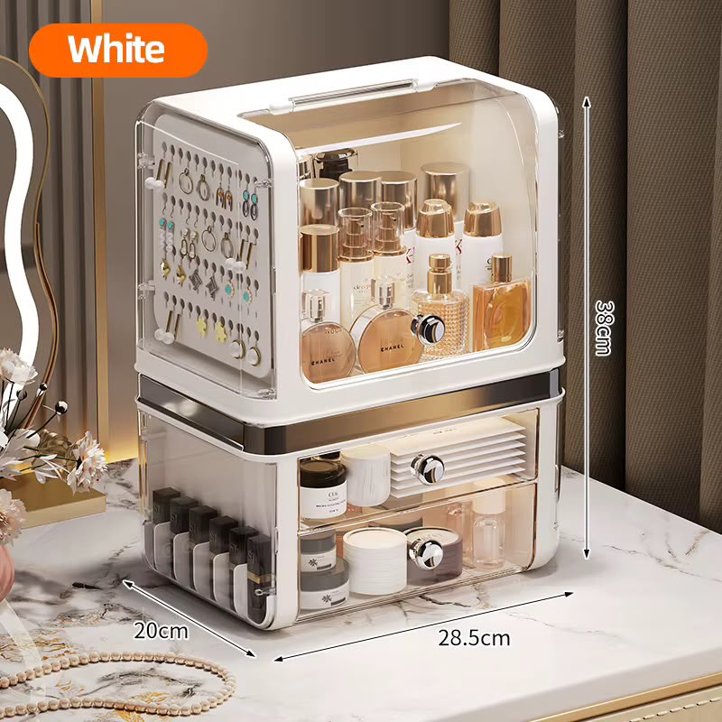 Luxury Large Cosmetic Organizer Box with Clear Dustproof Cover & Pull-Out Drawers – Makeup & Skincare Storage Case