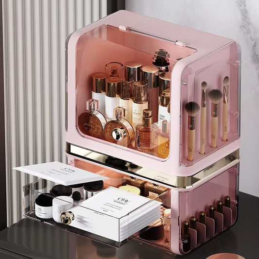 Luxury Large Cosmetic Organizer Box with Clear Dustproof Cover & Pull-Out Drawers – Makeup & Skincare Storage Case