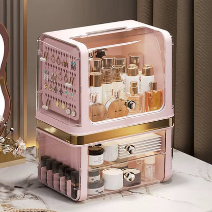 Luxury Large Cosmetic Organizer Box with Clear Dustproof Cover & Pull-Out Drawers – Makeup & Skincare Storage Case