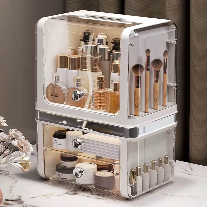 Luxury Large Cosmetic Organizer Box with Clear Dustproof Cover & Pull-Out Drawers – Makeup & Skincare Storage Case
