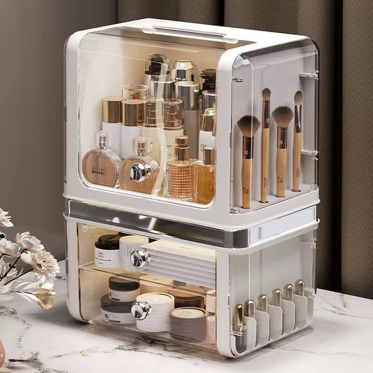 Luxury Large Cosmetic Organizer Box with Clear Dustproof Cover & Pull-Out Drawers – Makeup & Skincare Storage Case