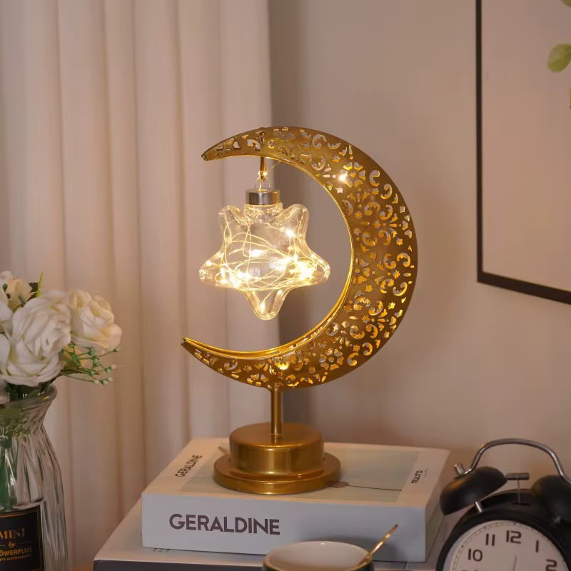 Golden Crescent Moon & Hanging Star LED Table Lamp – Decorative Metallic LED Night Light for Home Decor & Ramadan
