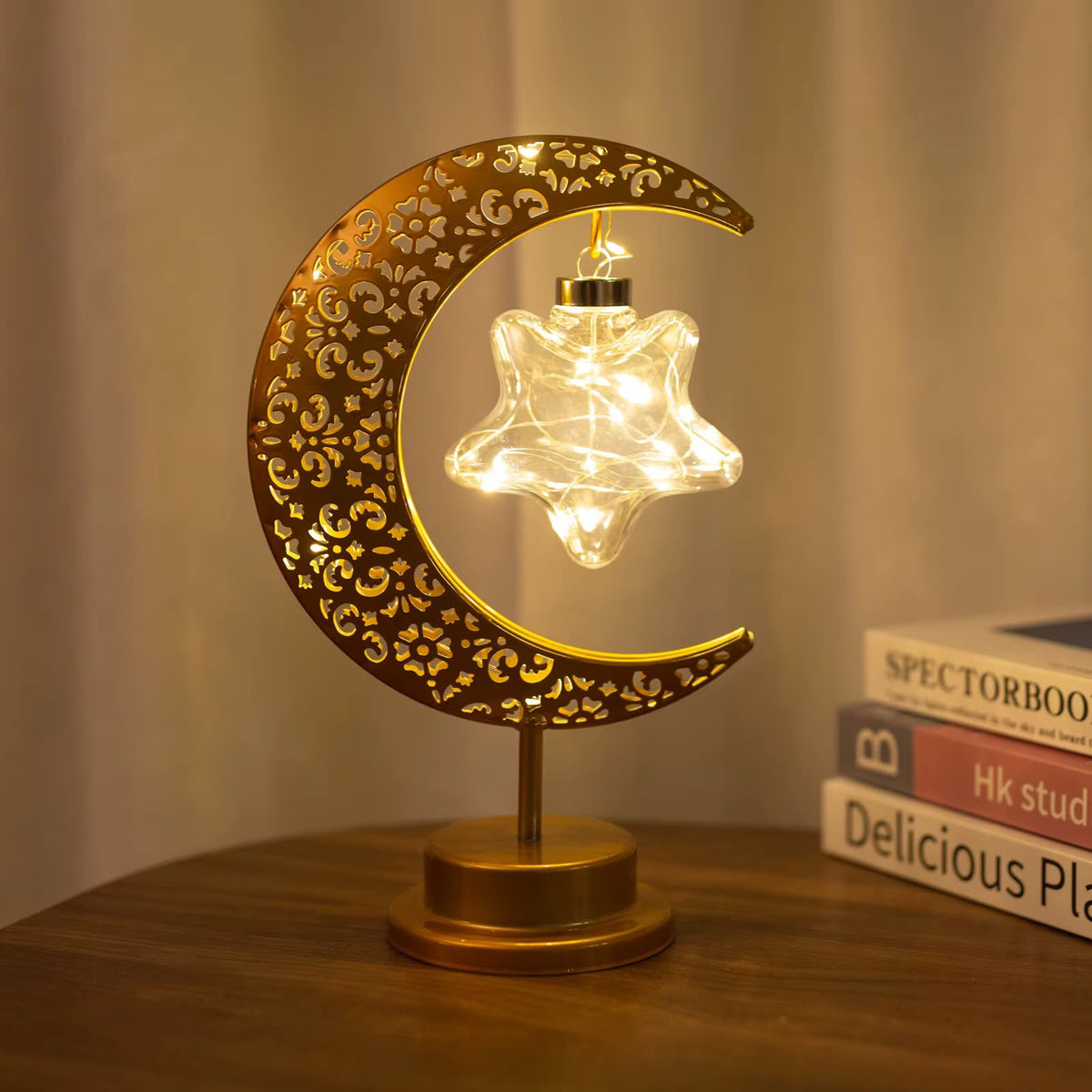 Golden Crescent Moon & Hanging Star LED Table Lamp – Decorative Metallic LED Night Light for Home Decor & Ramadan