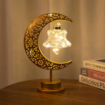 Golden Crescent Moon & Hanging Star LED Table Lamp – Decorative Metallic LED Night Light for Home Decor & Ramadan