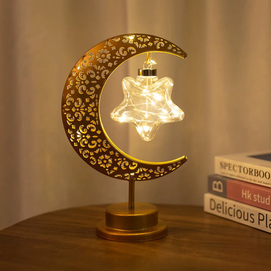 Golden Crescent Moon & Hanging Star LED Table Lamp – Decorative Metallic LED Night Light for Home Decor & Ramadan