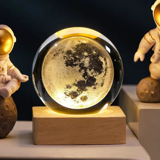 3D Crystal Ball Moon LED Night Light – 6cm Engraved Glass Sphere with Wooden Base