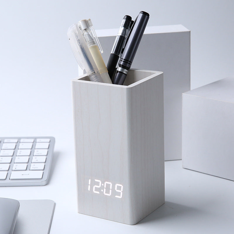 Creative Stationery Pen Container LED Desktop Clock Sound Control Custom Electronic Alarm Clock with Calendar