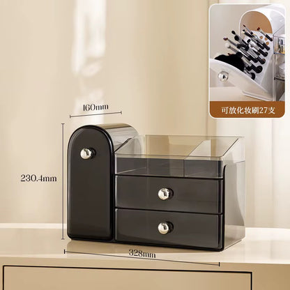 Luxury Desktop Cosmetic Storage Organizer with Tilt-Out Brush Holder & Clear Drawers