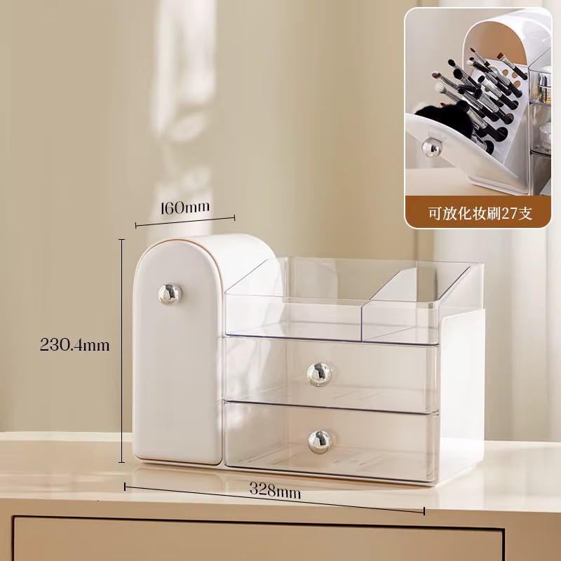 Luxury Desktop Cosmetic Storage Organizer with Tilt-Out Brush Holder & Clear Drawers