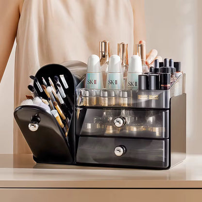 Luxury Desktop Cosmetic Storage Organizer with Tilt-Out Brush Holder & Clear Drawers