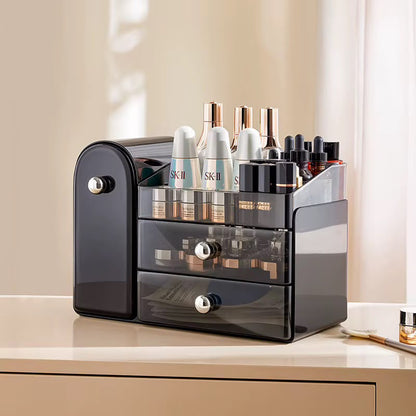 Luxury Desktop Cosmetic Storage Organizer with Tilt-Out Brush Holder & Clear Drawers