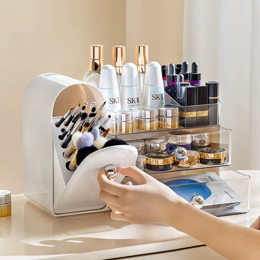 Luxury Desktop Cosmetic Storage Organizer with Tilt-Out Brush Holder & Clear Drawers