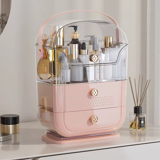 Luxury Desktop Cosmetic Organizer with Open Top Tray & 2 Pink Drawers – Acrylic Skincare & Jewelry Storage Caddy
