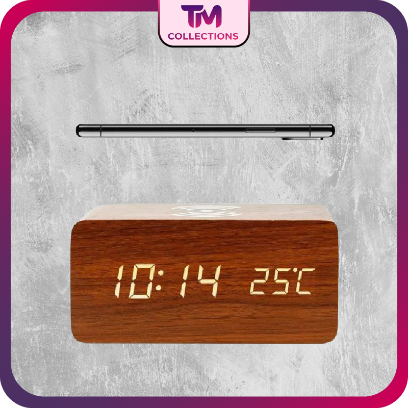 Wooden Digital Alarm Clock with Wireless Charging, LED Clock with Time, Date,Temperature, Desk Clocks for Office,Bedside Clock