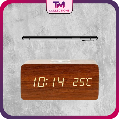 Wooden Digital Alarm Clock with Wireless Charging, LED Clock with Time, Date,Temperature, Desk Clocks for Office,Bedside Clock