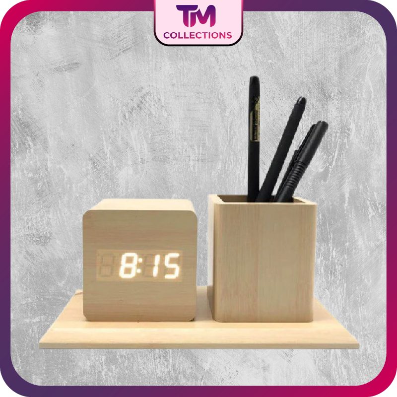 Elegant Bamboo and Wood Integrated Clock and Pen Holder for Capturing Office Moment Fabrication Services Available