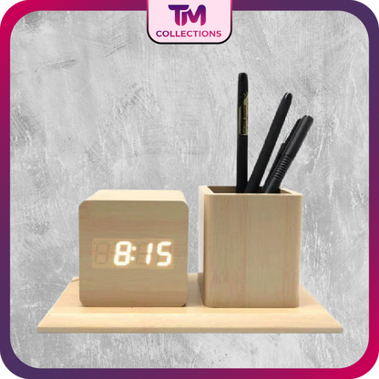 Elegant Bamboo and Wood Integrated Clock and Pen Holder for Capturing Office Moment Fabrication Services Available