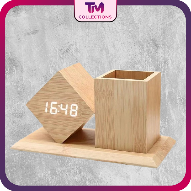 Multifunctional Wooden Pen Holder & Digital LED Alarm Clock Desk Accessories with Machining Services