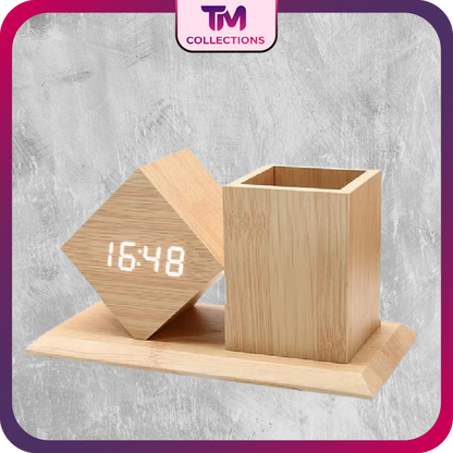 Multifunctional Wooden Pen Holder & Digital LED Alarm Clock Desk Accessories with Machining Services