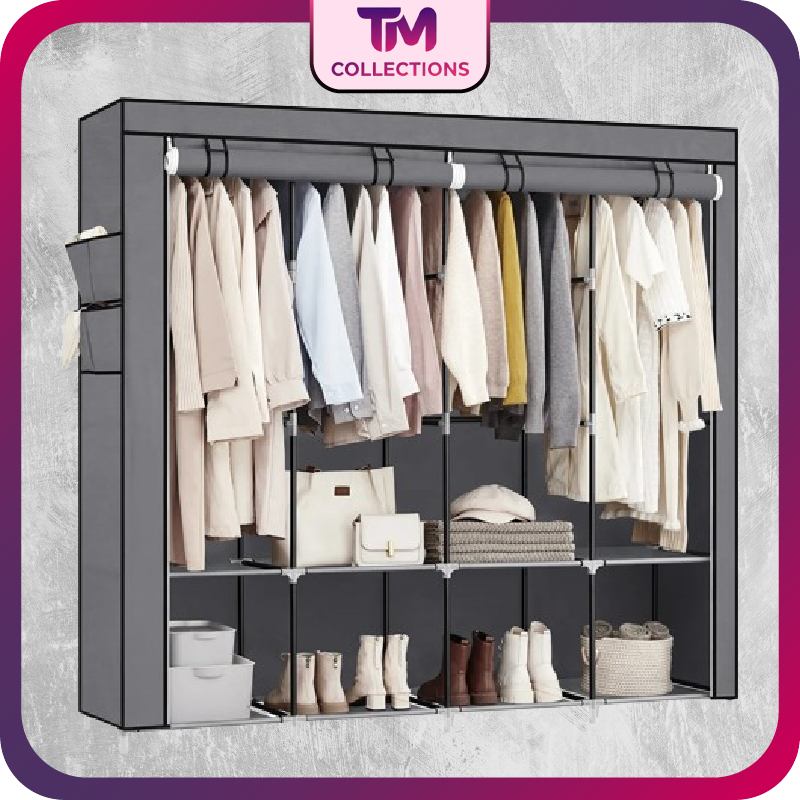 SONGMICS Portable Closet, Wardrobe Closet Organizer with Cover, 4 Hanging Rods and Shelves, 4 Side Pockets