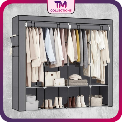 SONGMICS Portable Closet, Wardrobe Closet Organizer with Cover, 4 Hanging Rods and Shelves, 4 Side Pockets