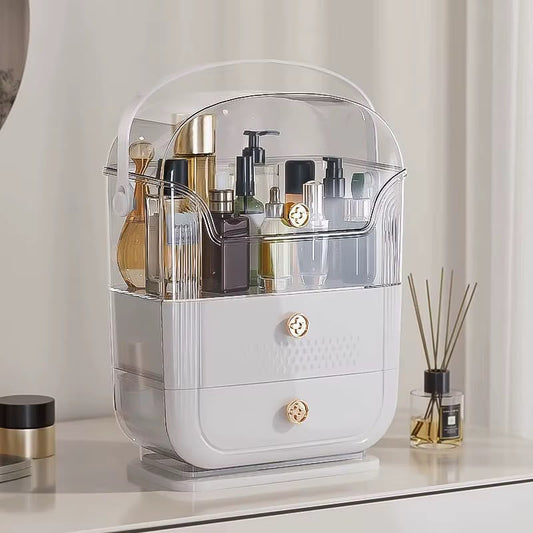 Luxury Desktop Cosmetic Organizer with Open Top Tray & 2 Pink Drawers – Acrylic Skincare & Jewelry Storage Caddy