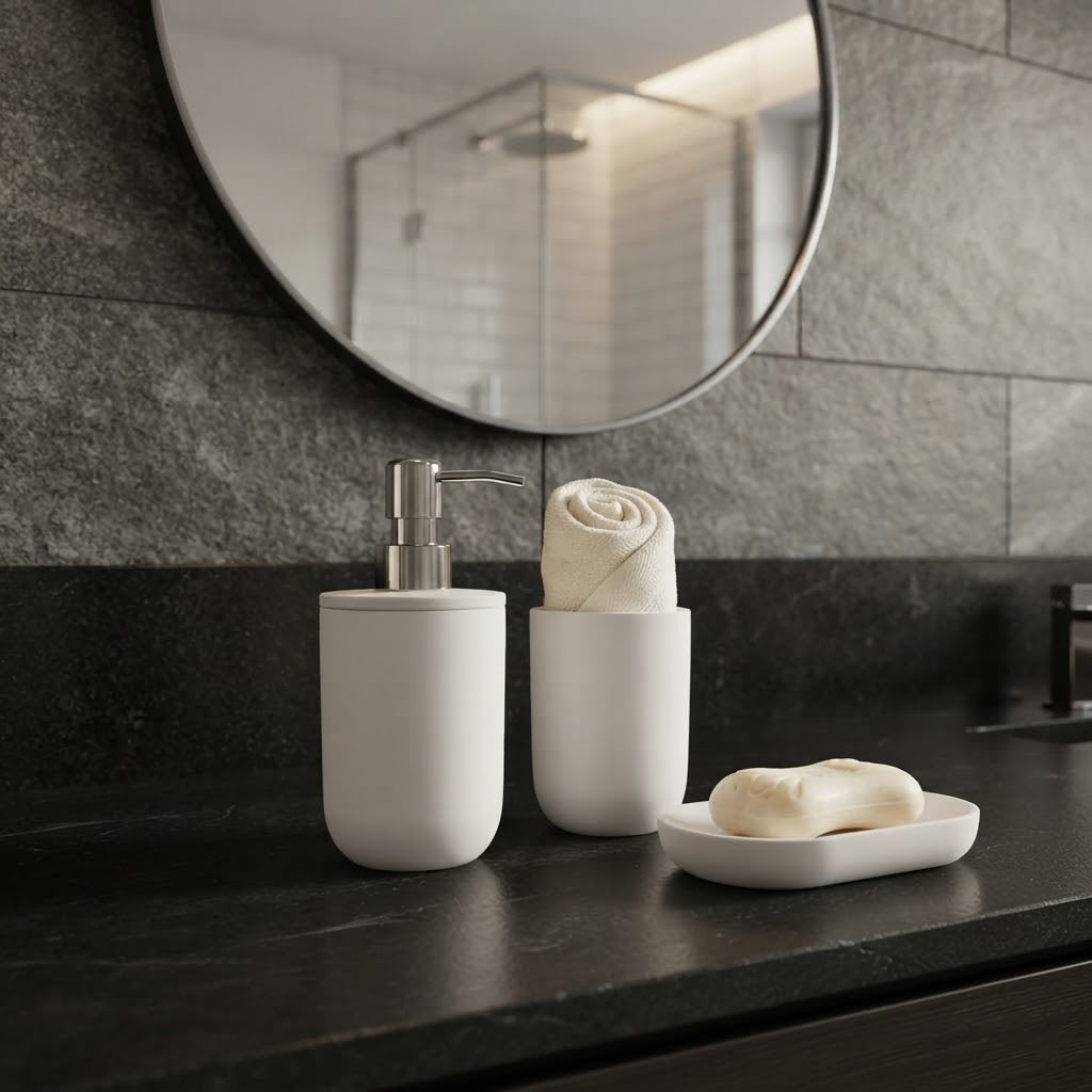 Luxury Bathroom Set – Multi Elegant Designs | Soap Dispenser, Brush Holder, Dustbin