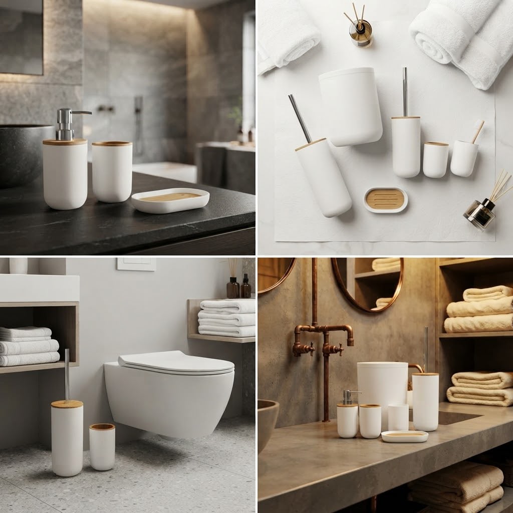 Luxury Bathroom Set – Multi Elegant Designs | Soap Dispenser, Brush Holder, Dustbin