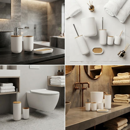 Luxury Bathroom Set – Multi Elegant Designs | Soap Dispenser, Brush Holder, Dustbin